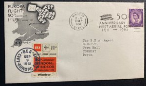 1961 Windsor England Europa 50th Anniversary Flight Airmail Cover To Torquay