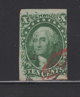 US Stamp Scott #14 USED 10C Green Washington (+$25 Red Cancel) SSCV $165