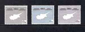 Cyprus, SC# 198-200, VF,Unused,Original Gum,Map of Cyprus, CV $3.45 .....1580183