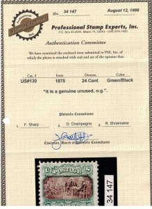 USA #130 Mint Fine - Very Fine Full Original Gum Hinged **With Certificate** 