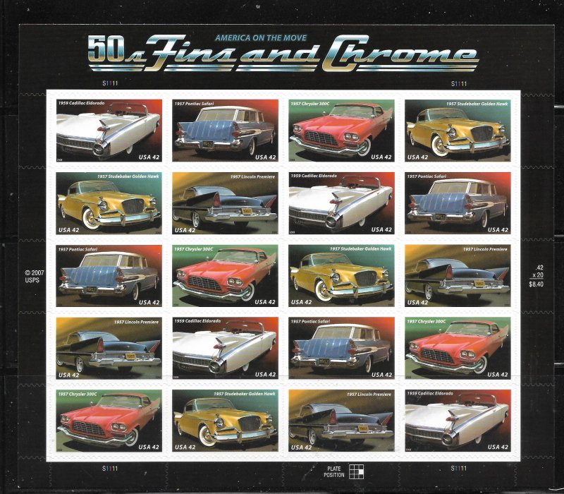 Scott #4357a 42c Automobiles of the 1950s F VF MNH - Pane of 20