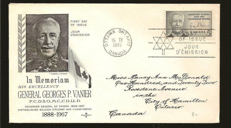 Canada SC#474 George Vanier 1967 Cachet First Day Cover