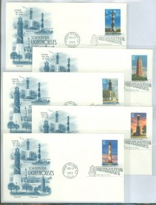 US 3787-3791 (2003) 37c Southeastern Lighthouses (set of five) on five unaddressed FDC with matching Artcraft cachets