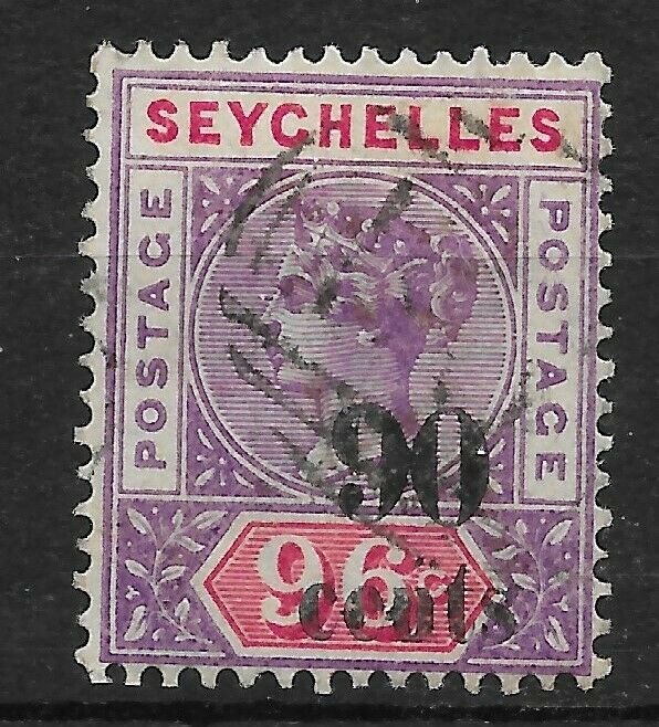 SEYCHELLES SG21 1893 90c ON 96c MAUVE & CARMINE USED