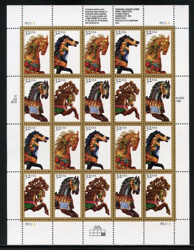 UNITED STATES SCOTT #2976/79 CAROUSEL HORSES COMPLETE SHEET (20) MINT NH