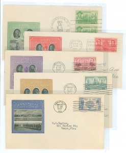 US 790-4 1936-7 Heroes of the American Navy (set of five)on five addressed first day cover matching Ioor cachets.