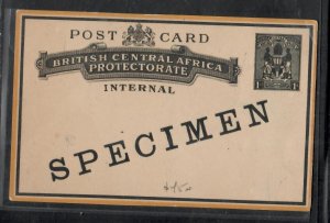 BRITISH CENTRAL AFRICA COVER (P0201B) 1D ARMS PSC OVPT SPECIMEN 