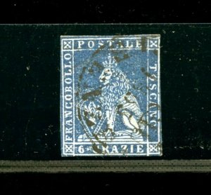 Italy-Tuscany #7 (IT258) Lion of Tuscany 6 cr Slate Blue, Used, FVF, CV$275.00