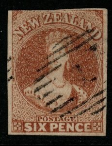 NEW ZEALAND SG15 1859 6d CHESTNUT (3 MARGINS) USED