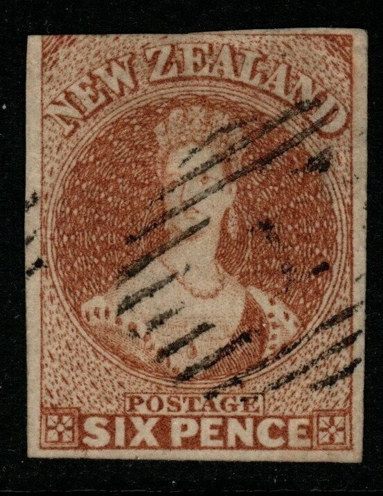 NEW ZEALAND SG15 1859 6d CHESTNUT (3 MARGINS) USED