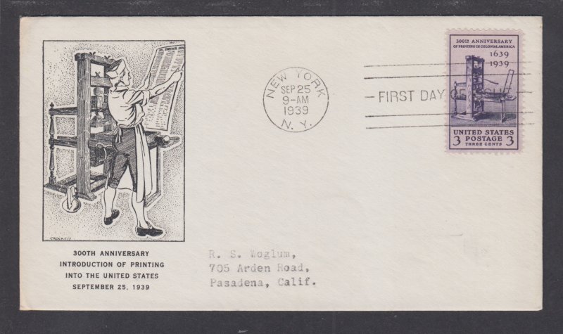 US Planty 857-39 FDC. 1939 3c Printing Press, Crockett cachet, addressed, VF