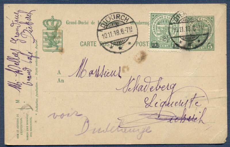 LUXEMBOURG: 1918 Uprated Postal Card from Diekirch