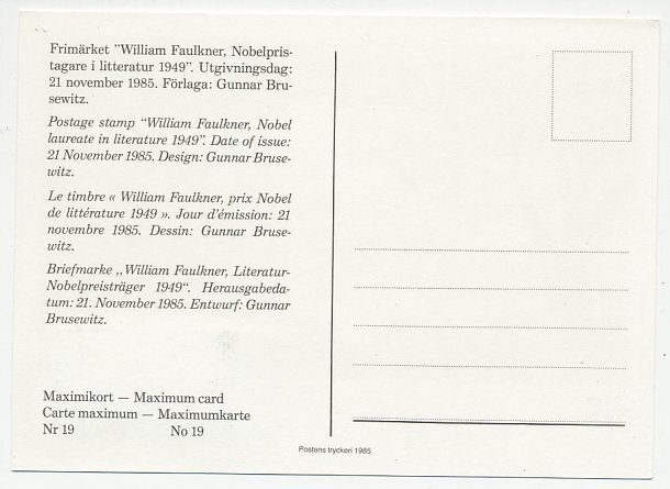 Maximum card Sweden 1985 William Faulkner - Literature