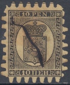 FINLAND Sc # 8: 10P BLACK YELLOW SERPENTINE ROULETTE, WITH a PEN CANCEL