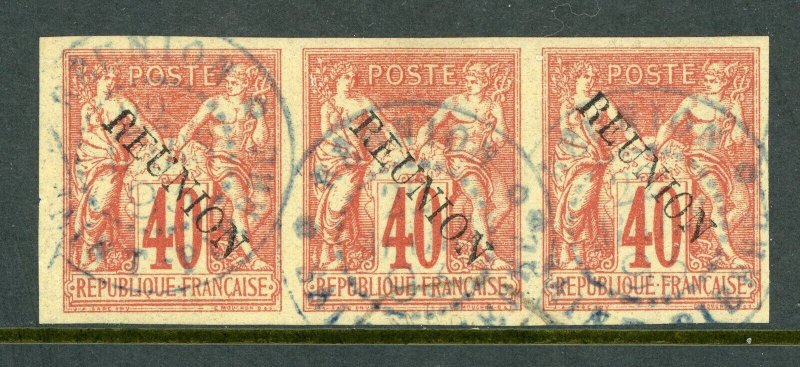 Reunion 1891 French Colonial Overprint 40¢ Orange Vermillion Trio VFU T456
