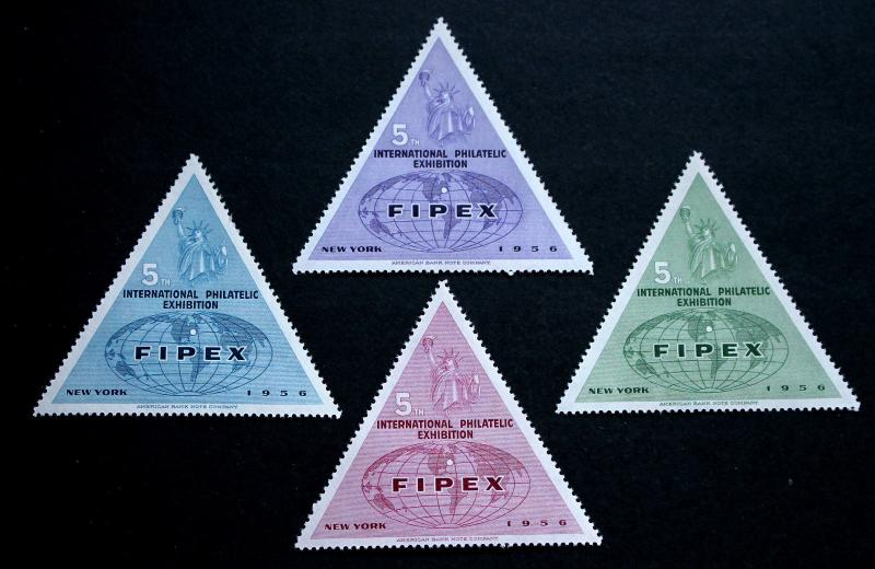 FIPEX Triangle Poster Stamp Set of 4 1956 New York MNH 5th Int. Philatelic Expo