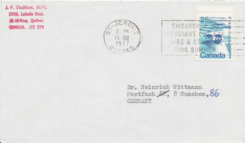 Canada 25c Polar Bears Landscapes 1977 St-Jerome, Quebec Airmail to Munich, G...