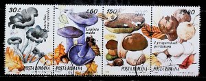 ROMANIA 1994 Fungi Death Trumpet Wood Blewit Puff-ball Used Strip 16650-