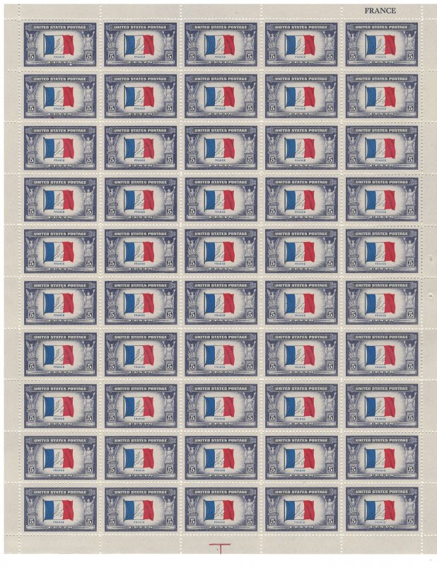 #915 – 1943 Overrun Countries: 5c Flag of France – MNH OG Sheet