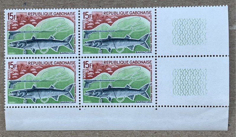 Gabon 1969 15fr Barracuda in block of 4, MNH.  Scott 237, CV $9.00. Fish