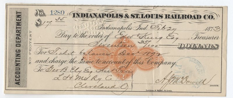 1873 Indianapolis & St. Louis Railroad Co RN-D1 revenue stamped paper [6412.6]