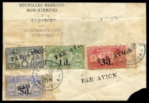 New Hebrides 1929 KGV Tourville parcel piece to New Caledonia RARE. SG 40-42,43.