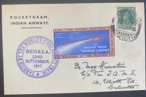 1937 Calcutta India Rocket Train Mail Flight Postcard cover By Herbert E Barber