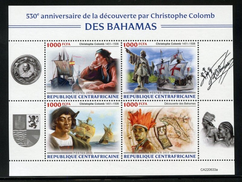 CENTRAL AFRICA 2022 530th BAHAMAS DISCOVERY BY CHRISTOPER COLUMBUS SHEET MINT NH