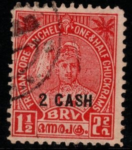 INDIA-TRAVANCORE SG73e 1943 2ca on 1½ch SCARLET p11 USED