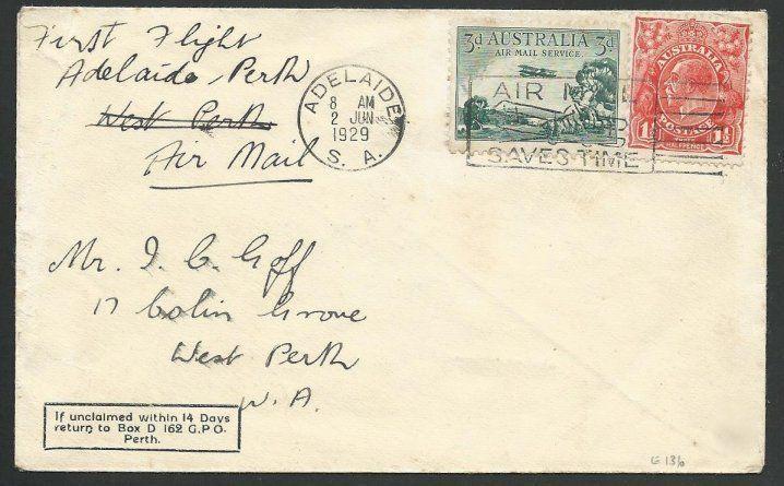 AUSTRALIA 1929 first flight cover Adelaide to Perth........................58801