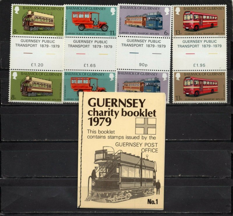 GUERNSEY 1979 PUBLIC TRANSPORTATION SET OF 4 GUTTER PAIRS & BOOCLET MNH