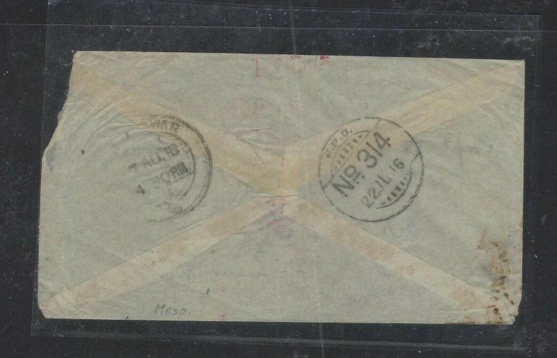 PAKISTAN (P2612B) 1916 OAS FPO 314 CANCEL TO PESHAWAR NWFP