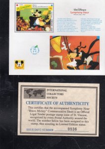 ST. VINCENT #1795  1992  DISNEY SYPHONY HOUR VF NH O.G S/S  W/CERT.