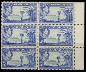 JAMAICA GVI SG126b, 3d greenish blue & ultramarine, NH MINT. Cat £27. block of 6