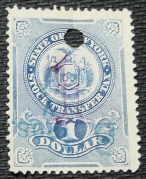 US, New York State Stock Transfer, Used Punched Single
