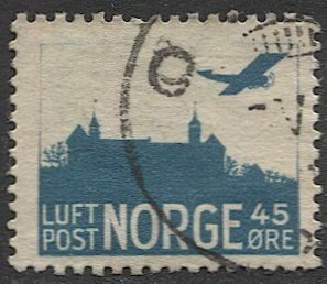 NORWAY 1934 Sc C1a variety  Used 45o,  Airmail, VF, cv $9