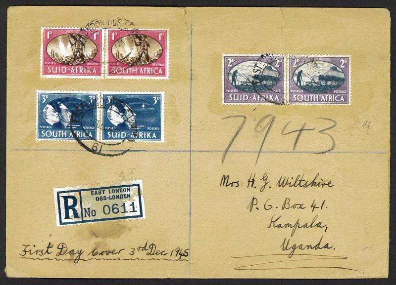 South Africa 1945 Sc#100-102 WWII Victory Registered FDC