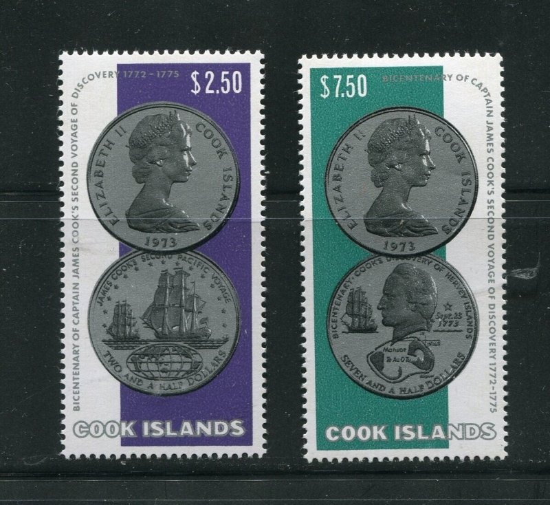 Cook Islands 406-407 Captain Cook and Queen Elizabeth II Coin Stamp Set MNH 1974