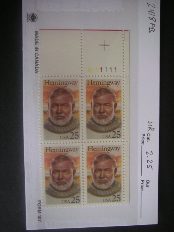 Scott 2418, 25c Ernest Hemingway, PB4 #A11111 UR, MNH Commemorative Beauty