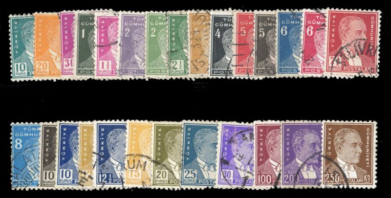 Turkey #737-757 Cat$37.65, 1931-42 10pa-250k, complete set, used