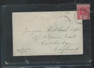 MAURITIUS (P1910B) KGV 10C ON MOURNING COVER TO ENGLAND