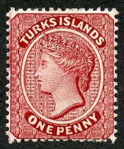 TURKS ISLANDS SG62 1d Crimson-lake Perf 14 Wmk Crown CA Misplaced CA at top M/M