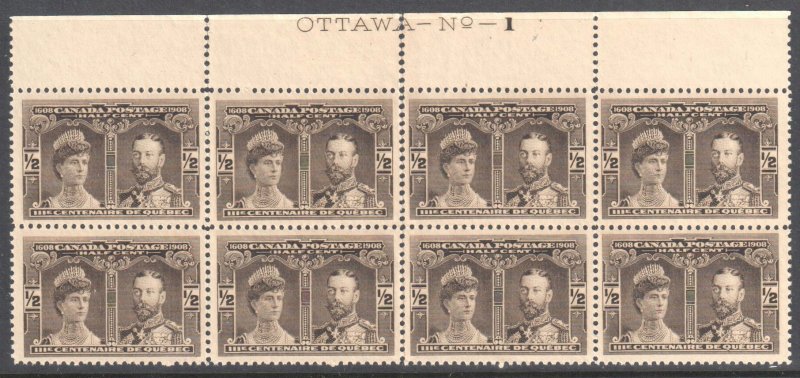 Canada #96 MINT NH Block of 8 - RARE Bloc with Imprint Ottawa No.1