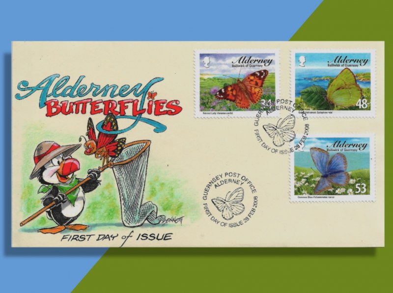 Butterflies and a Puffin Grace This Handcolored 2008 FDC from Alderney