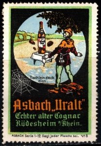 Vintage Germany Poster Stamp Asbach Uralt, Real Old Cognac, Rüdesheim