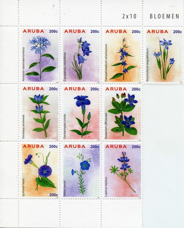 Aruba 2015 MNH Blue Flowers 10v Block Set Flora Bloemen Stamps