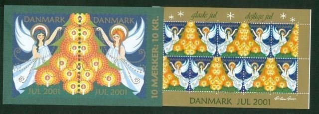 Denmark.  2001 Booklet. 10 Christmas Seals Mnh. Christmas Tree Angels, Light.