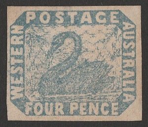 WESTERN AUSTRALIA 1854 Swan 4d blue, imperf, variety titled border. Certificate.