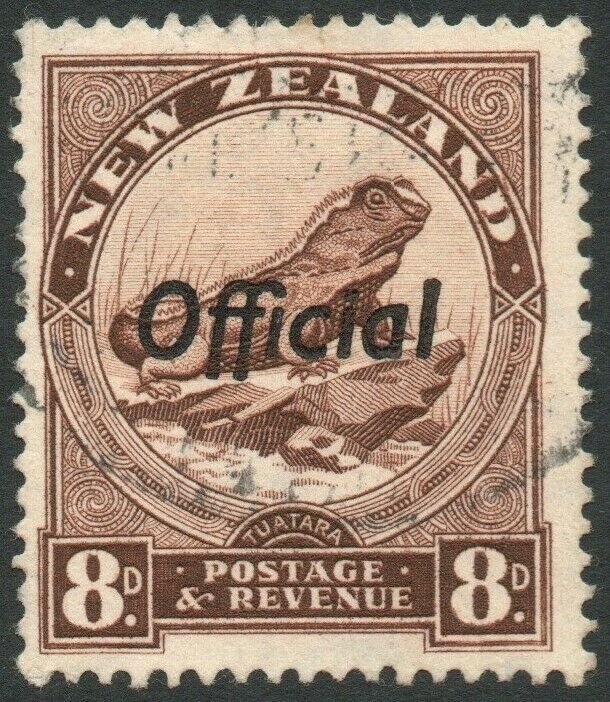 NEW ZEALAND-1945 8d Chocolate Official Perf 14x14½ Sg O128a FINE USED V47885