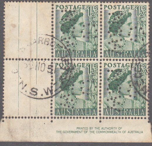 AUSTRALIA 1½d Queen Mother imprint block of 4 used official perfin G/NSW....2303